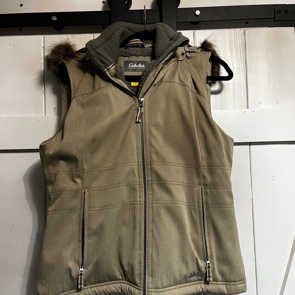 Cabela's Gray and Tan Hooded Vest with Fur Trim
